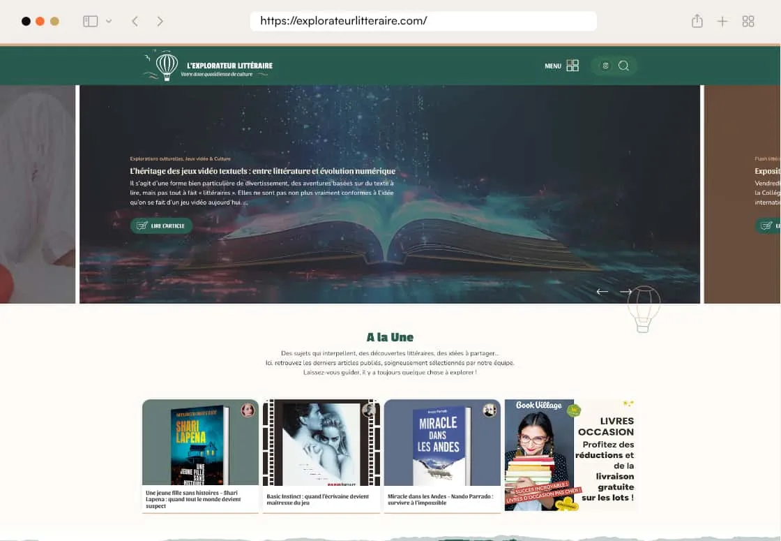 Aperçu d'un site WordPress réalisé par Wycan — L'Explorateur Littéraire