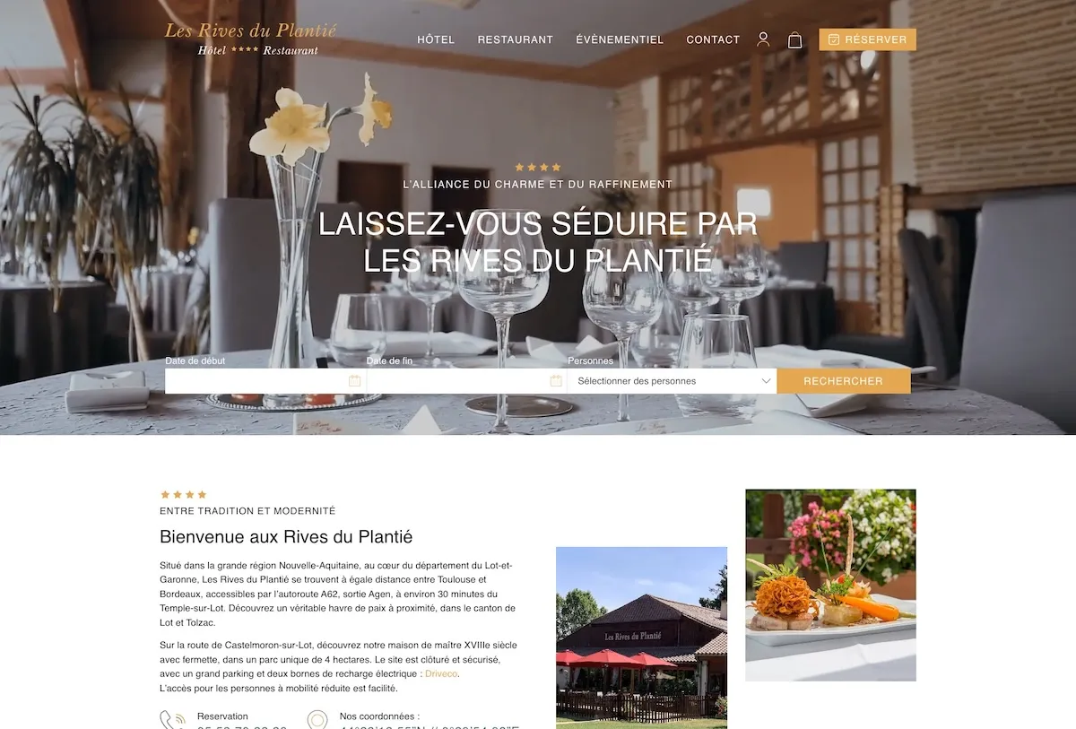 Site WordPress avec moteur de réservation réalisé par Wycan pour Les Rives du Plantié — hôtel 4 étoiles